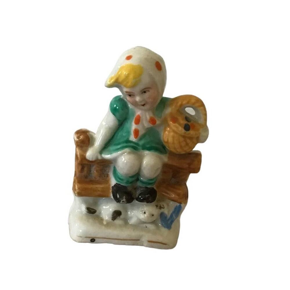 Vintage Little Girl on Fence With Basket Figurine Marked Japan